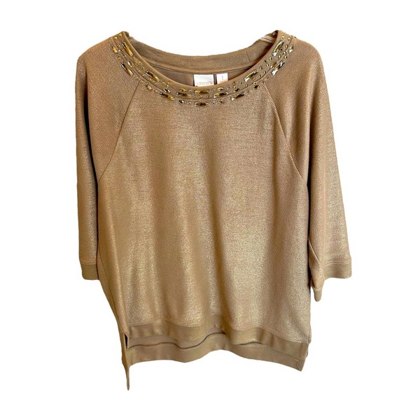 Chico’s Gold Metallic Sweater Jeweled Neckline 3/4 Sleeve Shimmer Womens Medium - Picture 1 of 3